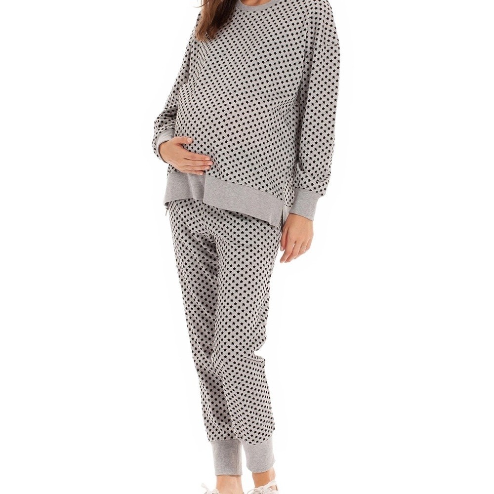 Aniche Maternity Set Star Print Lounge M Grey Black Silver Sparkle Joggers